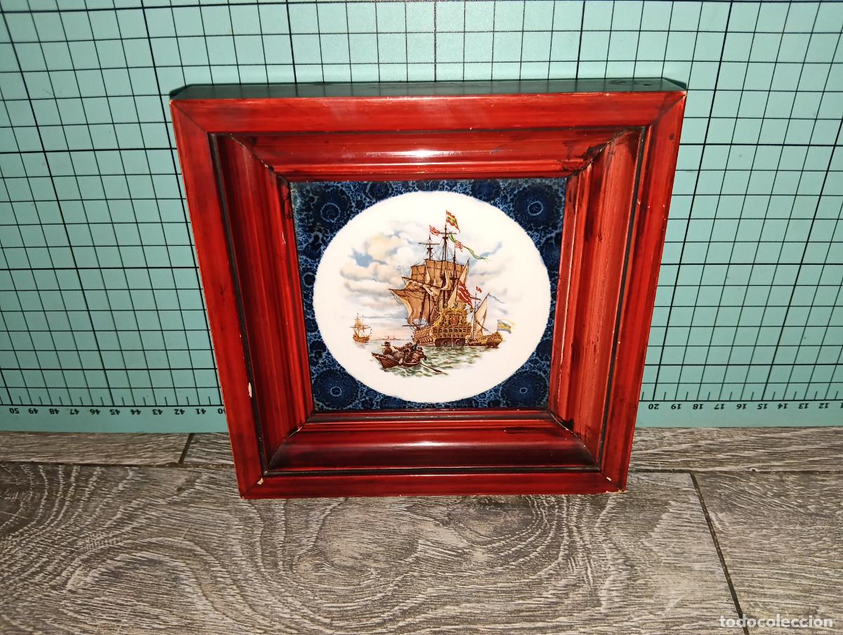 Antig&uuml;edades: Azulejo Cer&aacute;mico Vintage Enmarcado Cedolesa Escena mar&iacute;tima Nav&iacute;o Barco Gale&oacute;n Carabela cara16x16