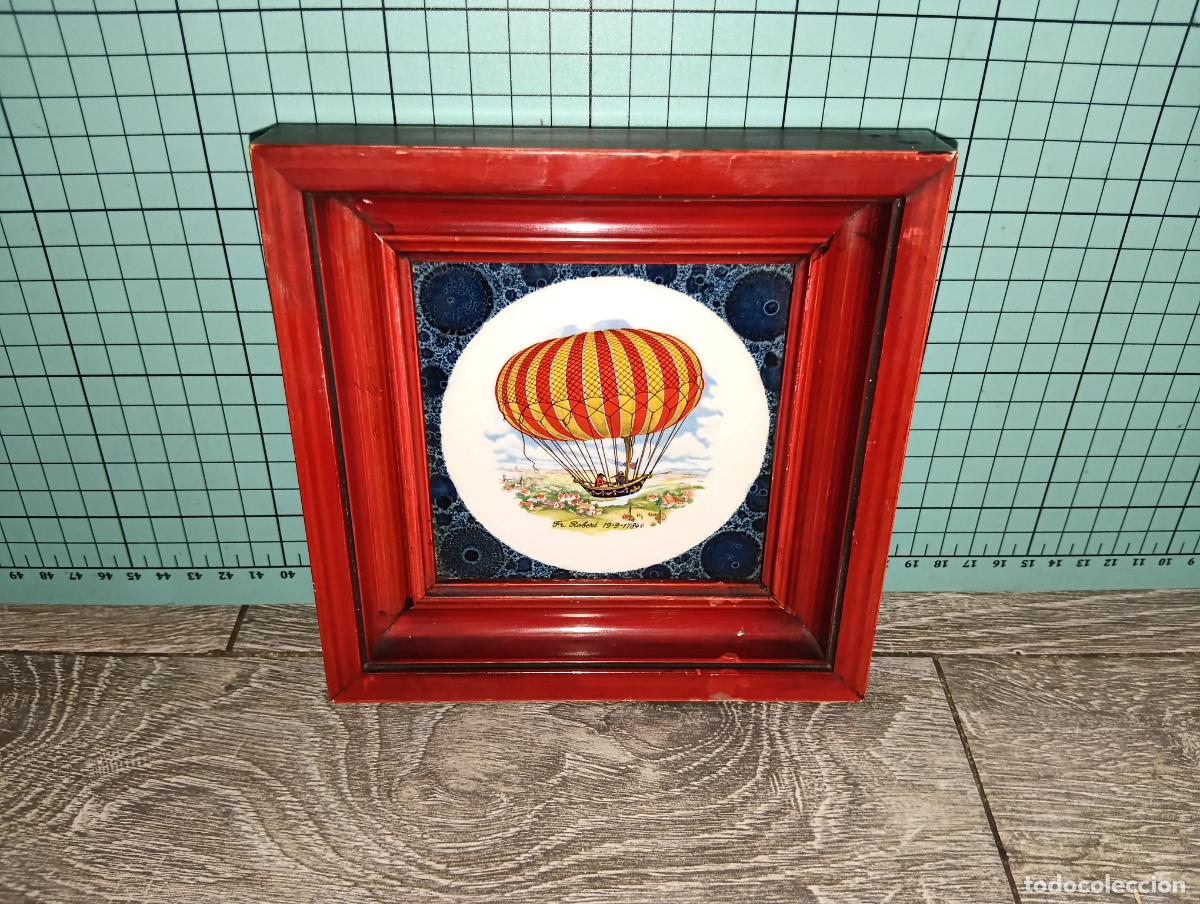 Antig&uuml;edades: Azulejo Cer&aacute;mico Vintage Enmarcado Cedolesa Globo Aerost&aacute;tico Fr. Robert 1784 16x16