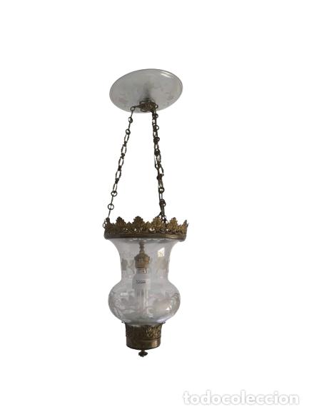 Antig&uuml;edades: L&aacute;mpara de Techo, Farol - Bronce y Cristal Grabado al &Aacute;cido - S.XIX
