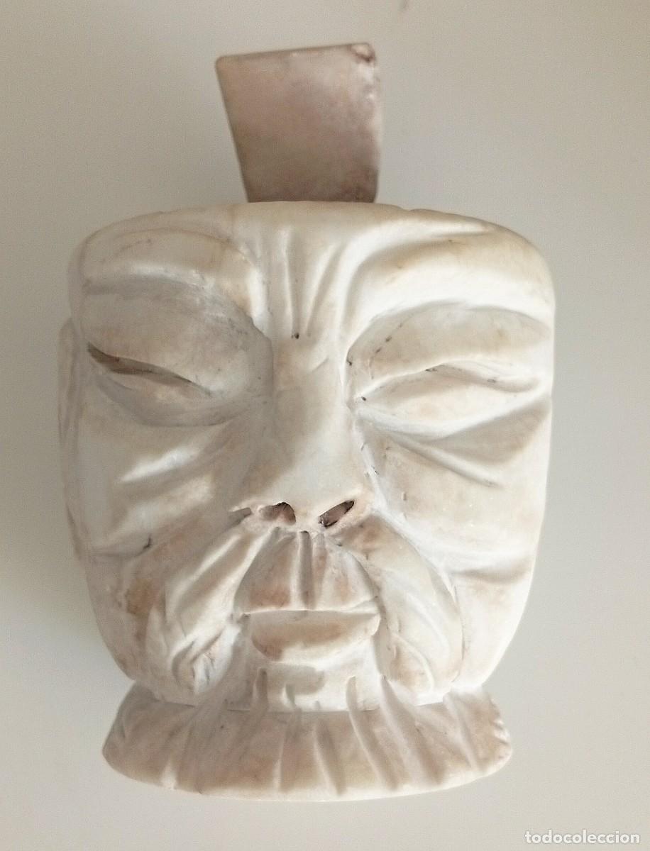 Antig&uuml;edades: MORTERO ANTIGUO de Alabastro Tallado - Rostro Oriental Bizarro con Maza - Piedra Pesada
