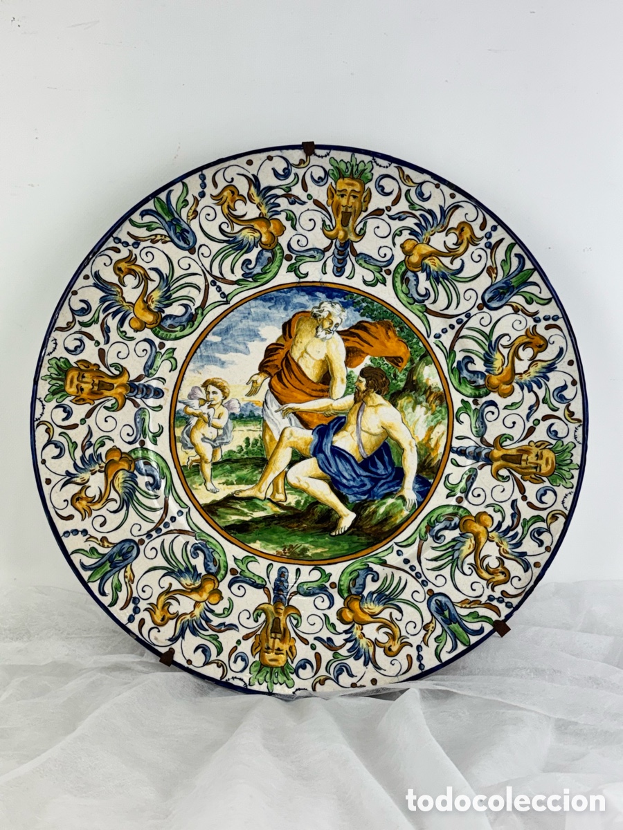 Antiguidades: PLATO ITALIANO DE CER&Aacute;MICA CASTELLI - ESCENA MITOL&Oacute;GICA - 41 x 41 CM