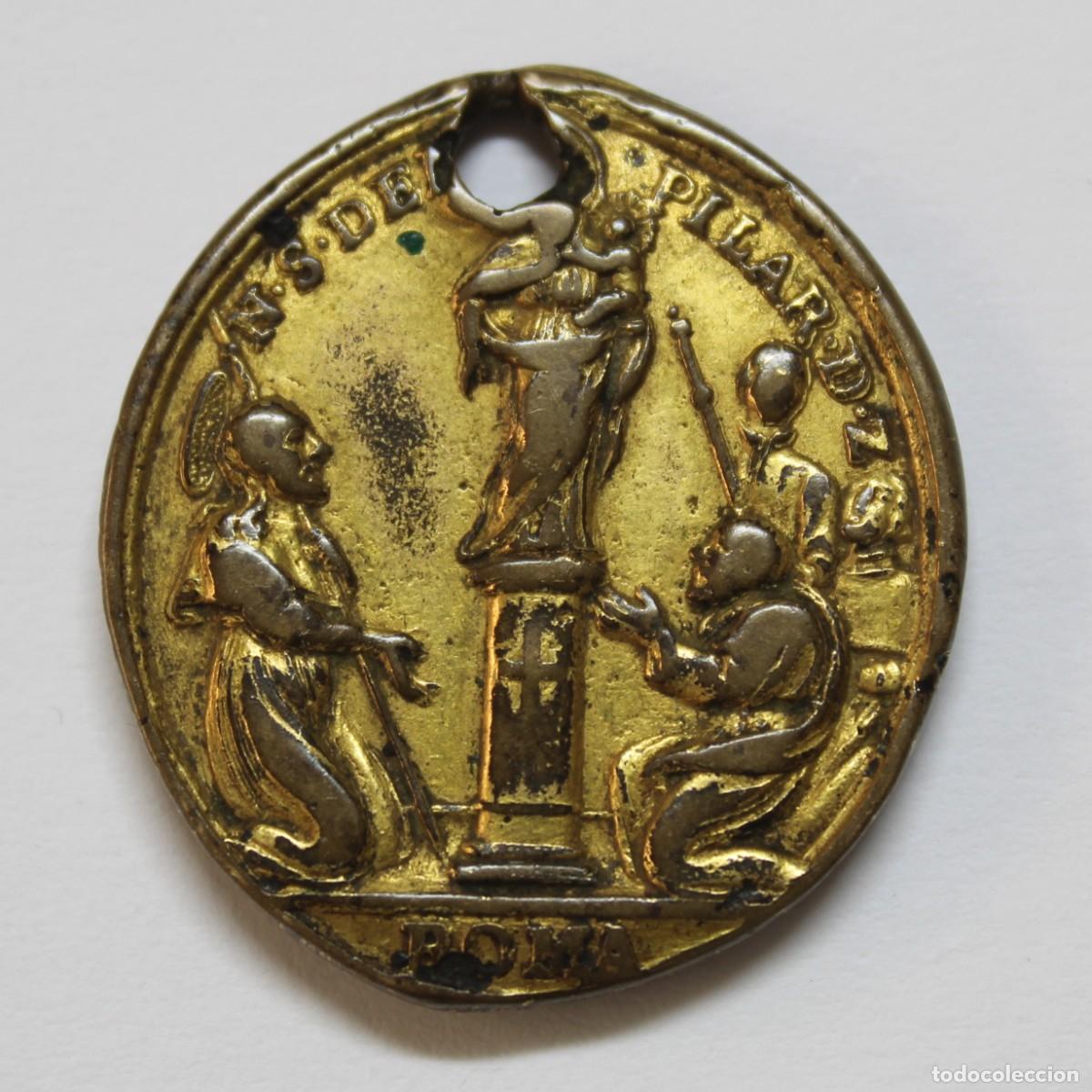 Antig&uuml;edades: Antigua Medalla Devocional Virgen del Pilar Sagrados Corazones Roma c1900