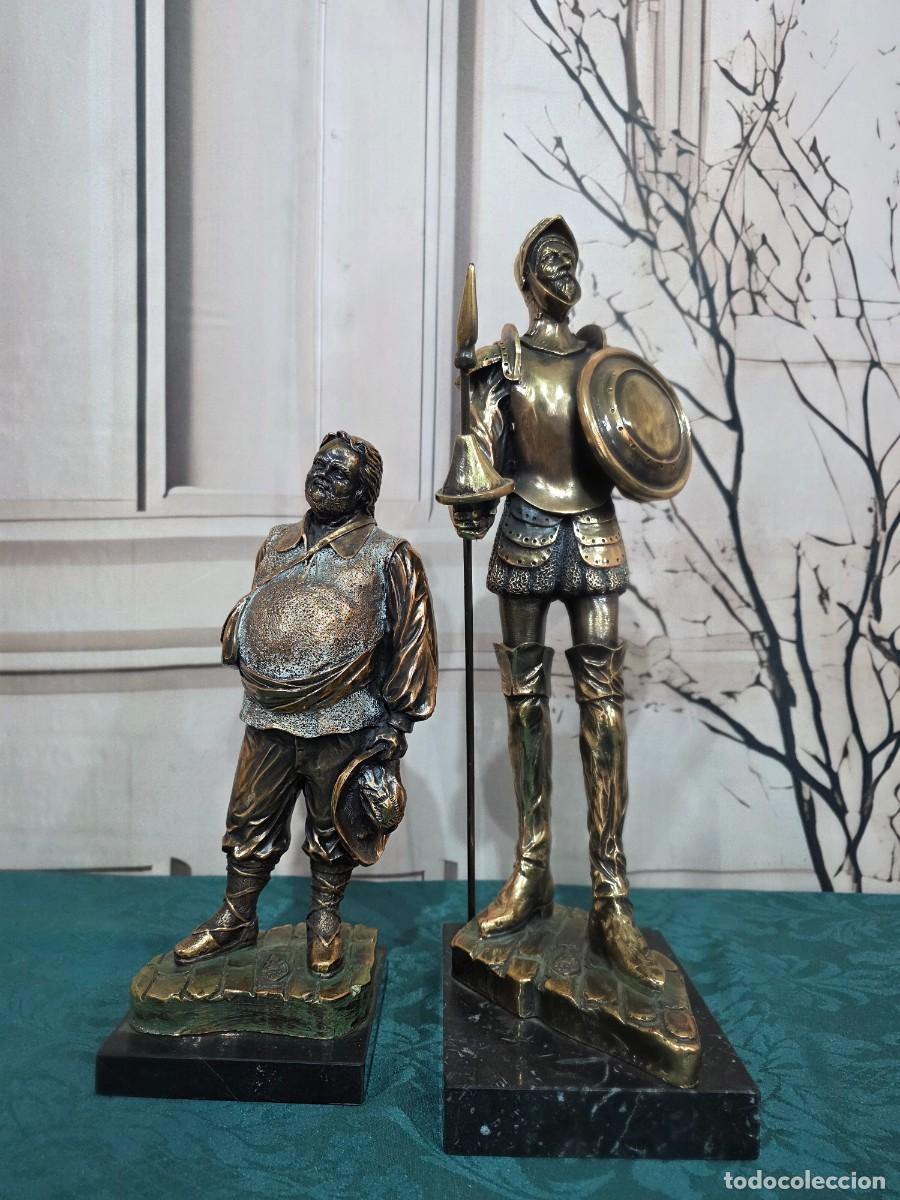 Antig&uuml;edades: Conjunto de estatuas metal al bronce vintage representa a Don Quijote y Sancho Panza