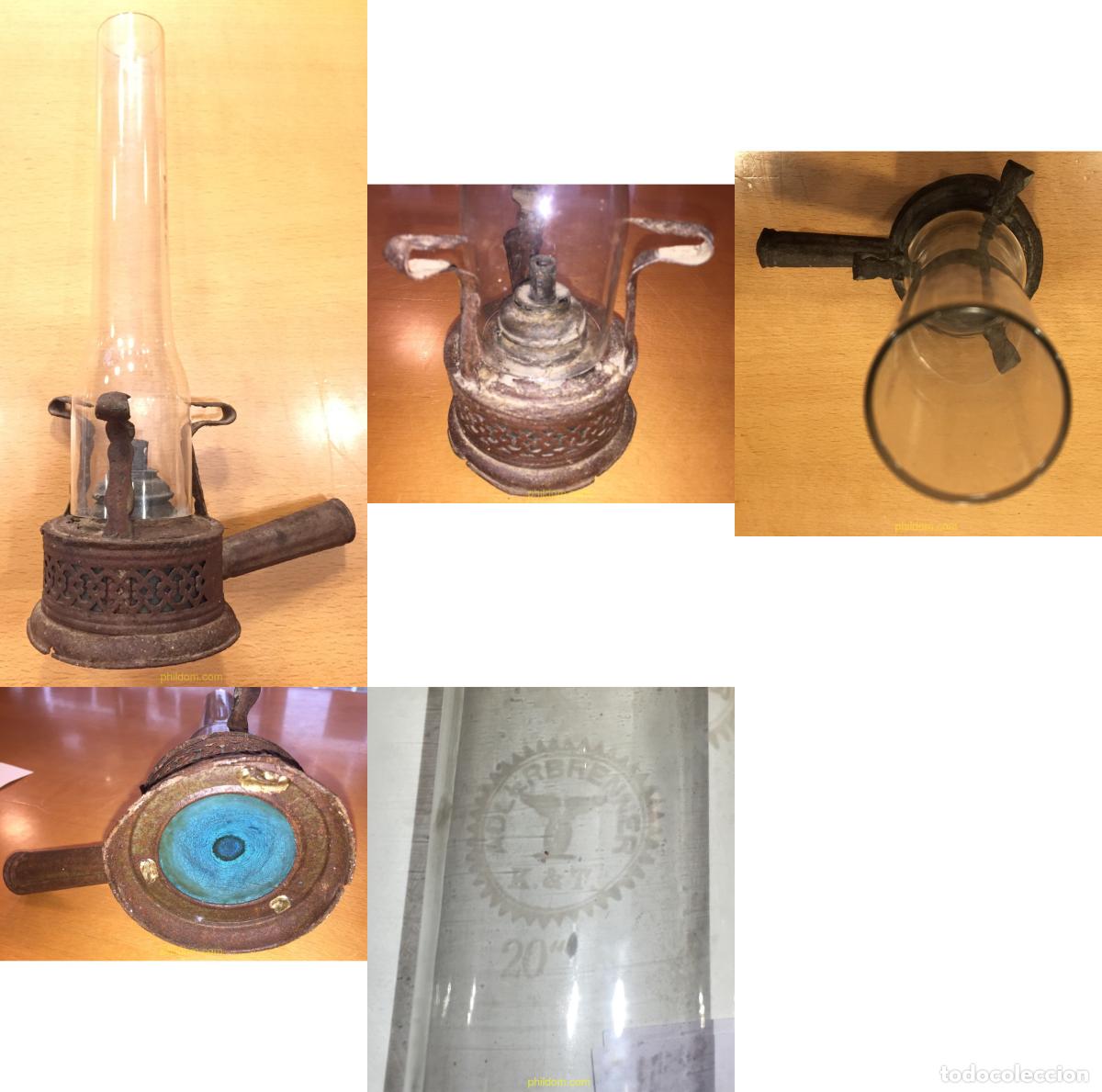 Antig&uuml;edades: QUINQU&Eacute; ANTIGUO OLI LAMP Adlerbrenner k.&T. Marca grabada en el cristal