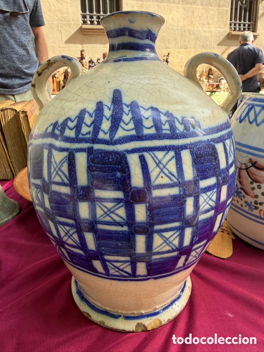 Antig&uuml;edades: Botija o peque&ntilde;o cantaro cer&aacute;mica Talavera (Toledo), con enrejado