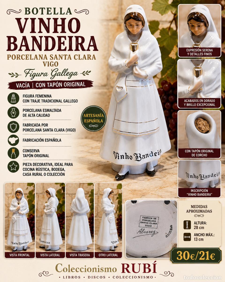 Antig&uuml;edades: BOTELLA VINHO BANDEIRA | PORCELANA SANTA CLARA VIGO | FIGURA GALLEGA | 28 CM