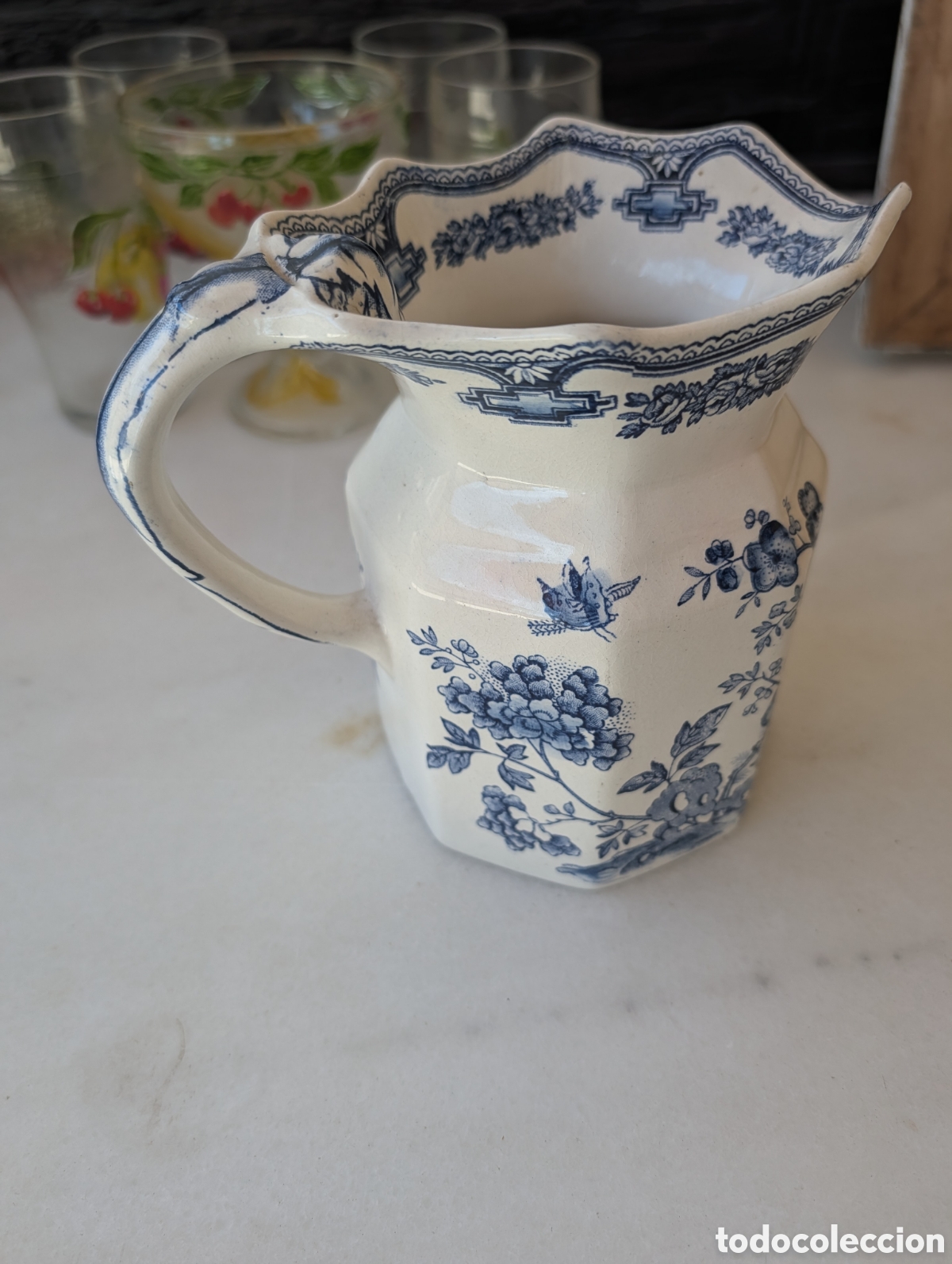 Antig&uuml;edades: Jarra Mason s Patent Ironstone Manchu loza inglesa azul y blanca octogonal antigua 17 5 cm