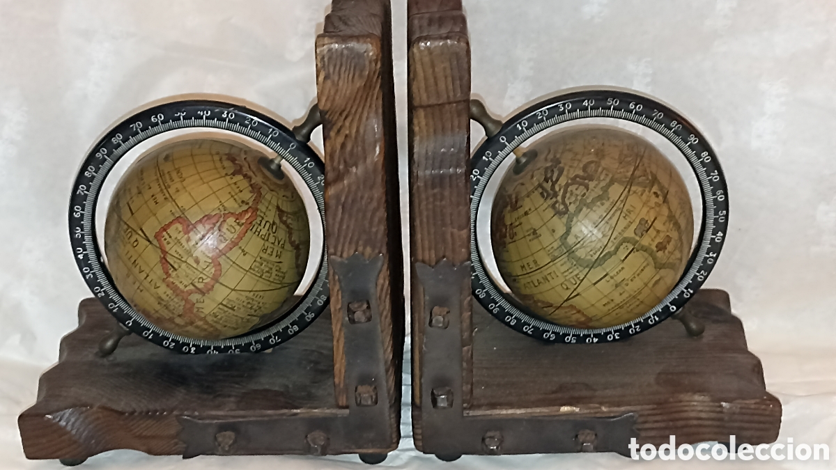 Antig&uuml;edades: : Sujetalibros Vintage N&aacute;uticos con Globos Terr&aacute;queos y Madera R&uacute;stica 17/14 cm