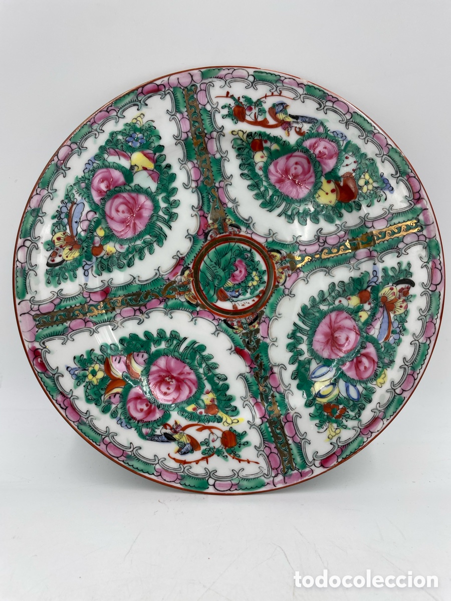 Antig&uuml;edades: Bonito Plato de cer&aacute;mica china Macau. Familia Rosa. Di&aacute;metro 26 cm.