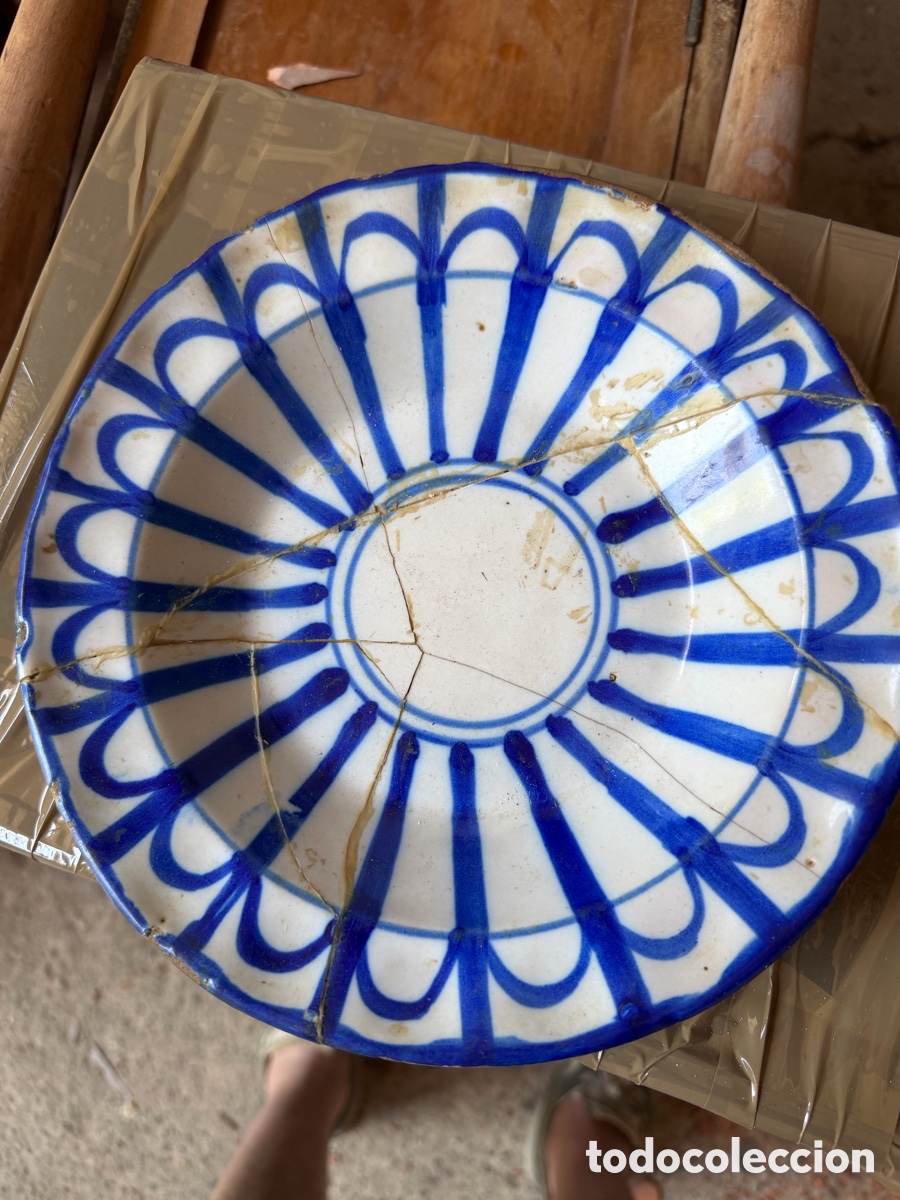 Antig&uuml;edades: Plato de Manisses en azul y blanco 22 cm de di&aacute;metro siglo XIX