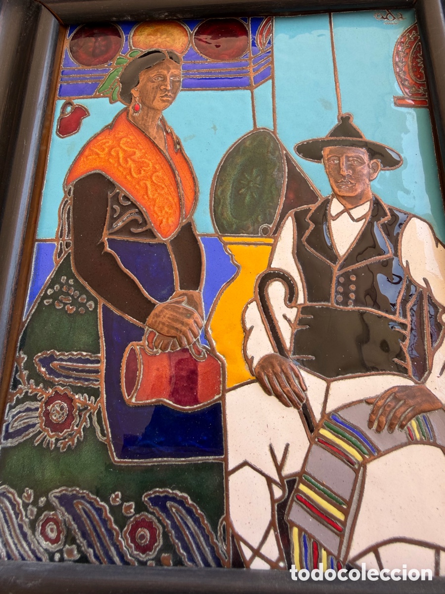 Antig&uuml;edades: uadro de cer&aacute;mica esmaltada o un panel de azulejos art&iacute;sticos enmarcado,