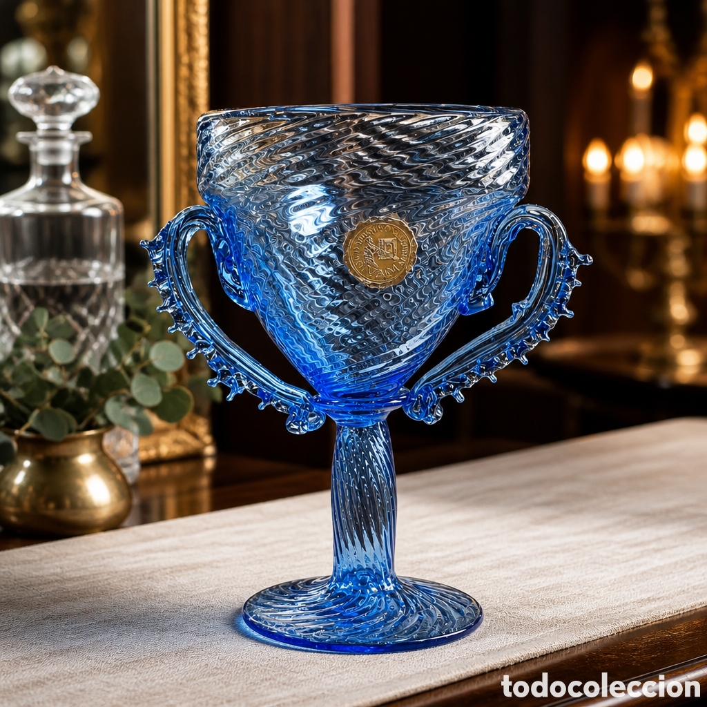 Antig&uuml;edades: INUSUAL COPA , CALIZ DOBLE ASA .CRISTAL SOPLADO MALLORQUIN COLOR AZUL