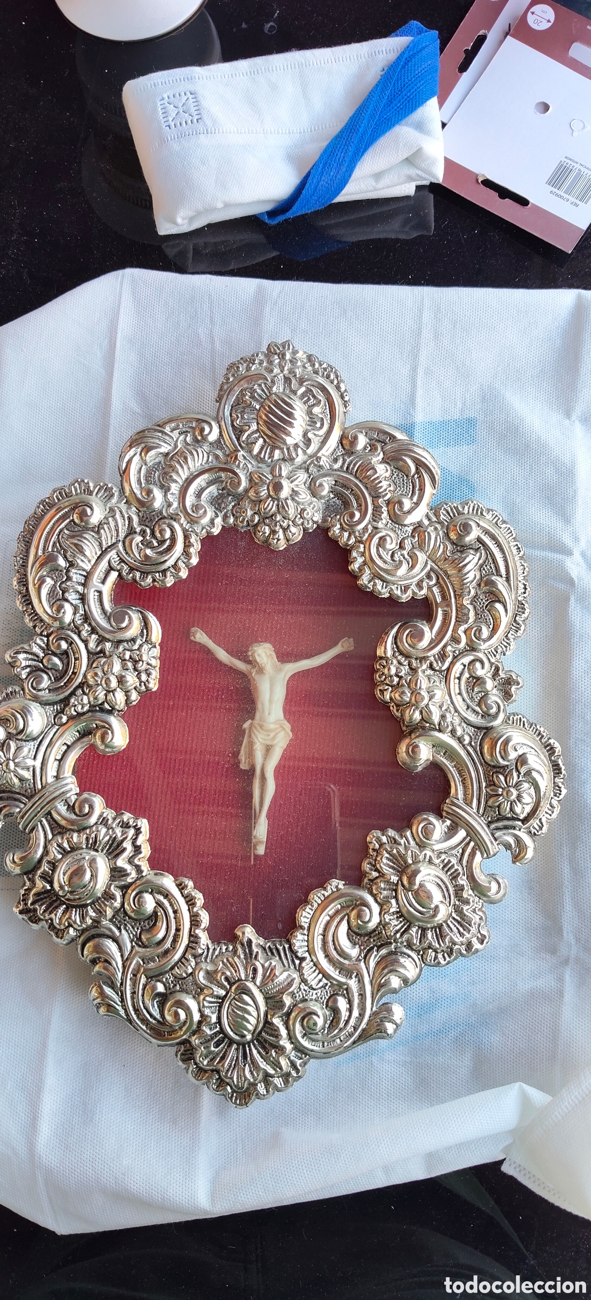 Antig&uuml;edades: Cuadro capilla Cristo relieve, marco metal noble, 35x27 cm
