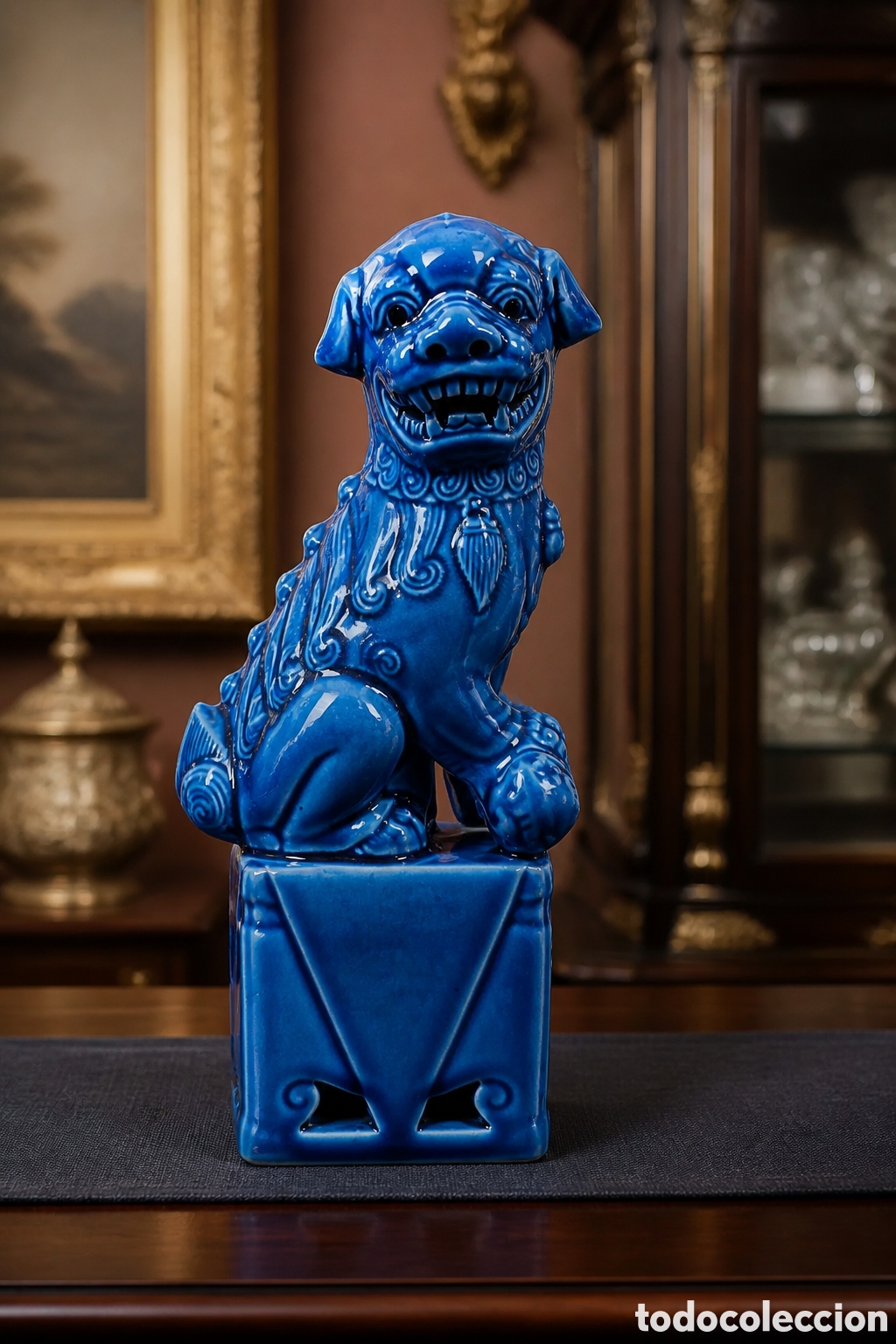 Antig&uuml;edades: PERRO FOO FURIA LEON DE PORCELANA CHINA AZUL TURQUESA.23 CM.
