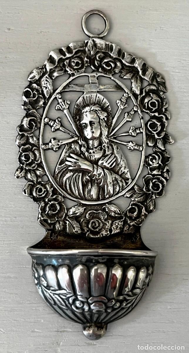 Antig&uuml;edades: Benditera antigua de plata, Virgen Dolorosa / Siete Dolores, mide 9,5 x 4,9 cm, pesa 25,28 g