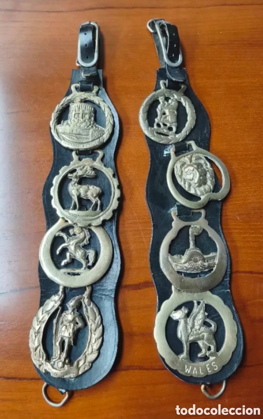 Antig&uuml;edades: Pareja de Martingalas Vintage con Medallones de Lat&oacute;n (Horse Brasses)