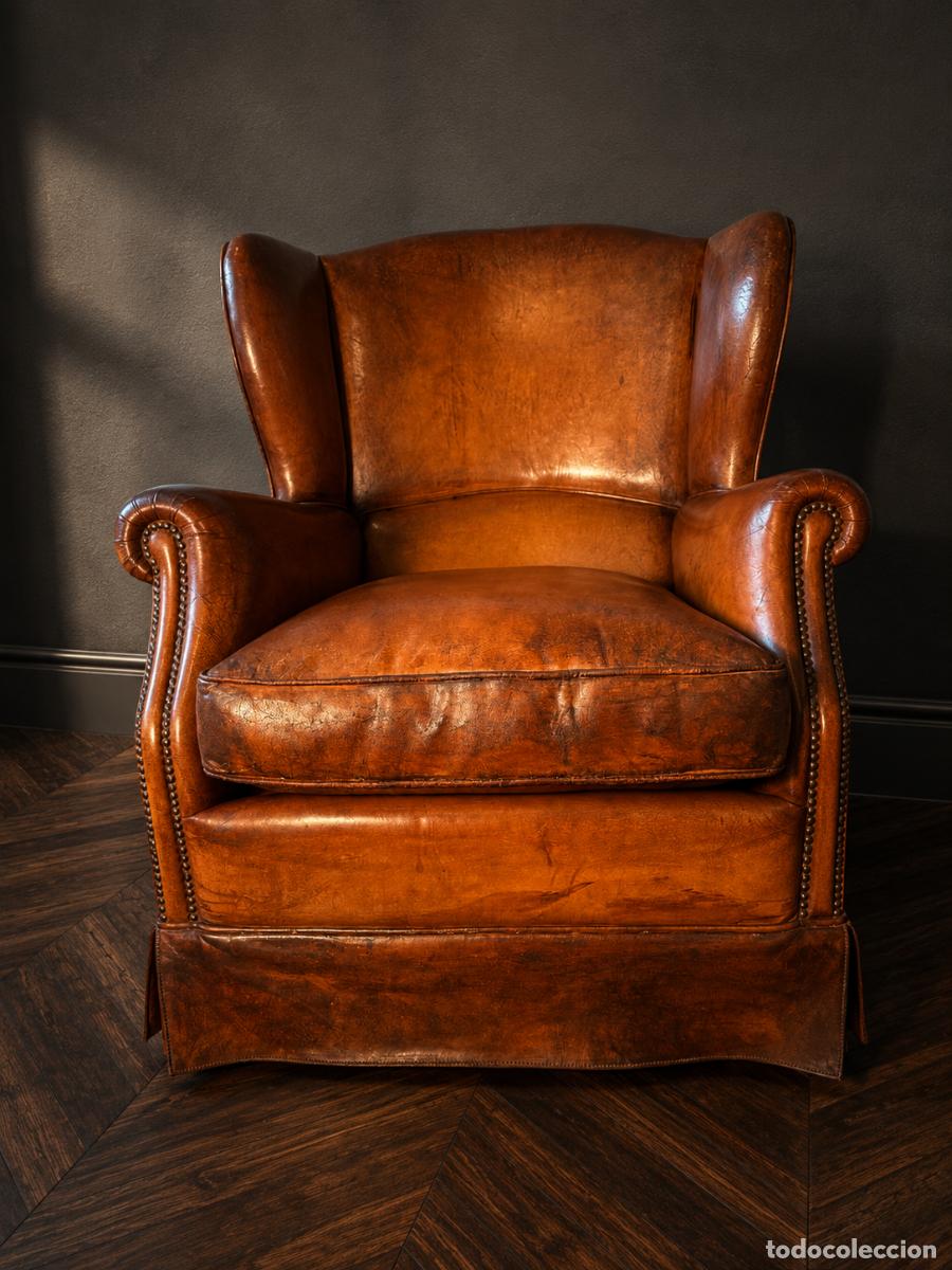 Antig&uuml;edades: Sill&oacute;n orejero ingl&eacute;s de cuero aut&eacute;ntico envejecido &ndash; estilo club Ralph Lauren