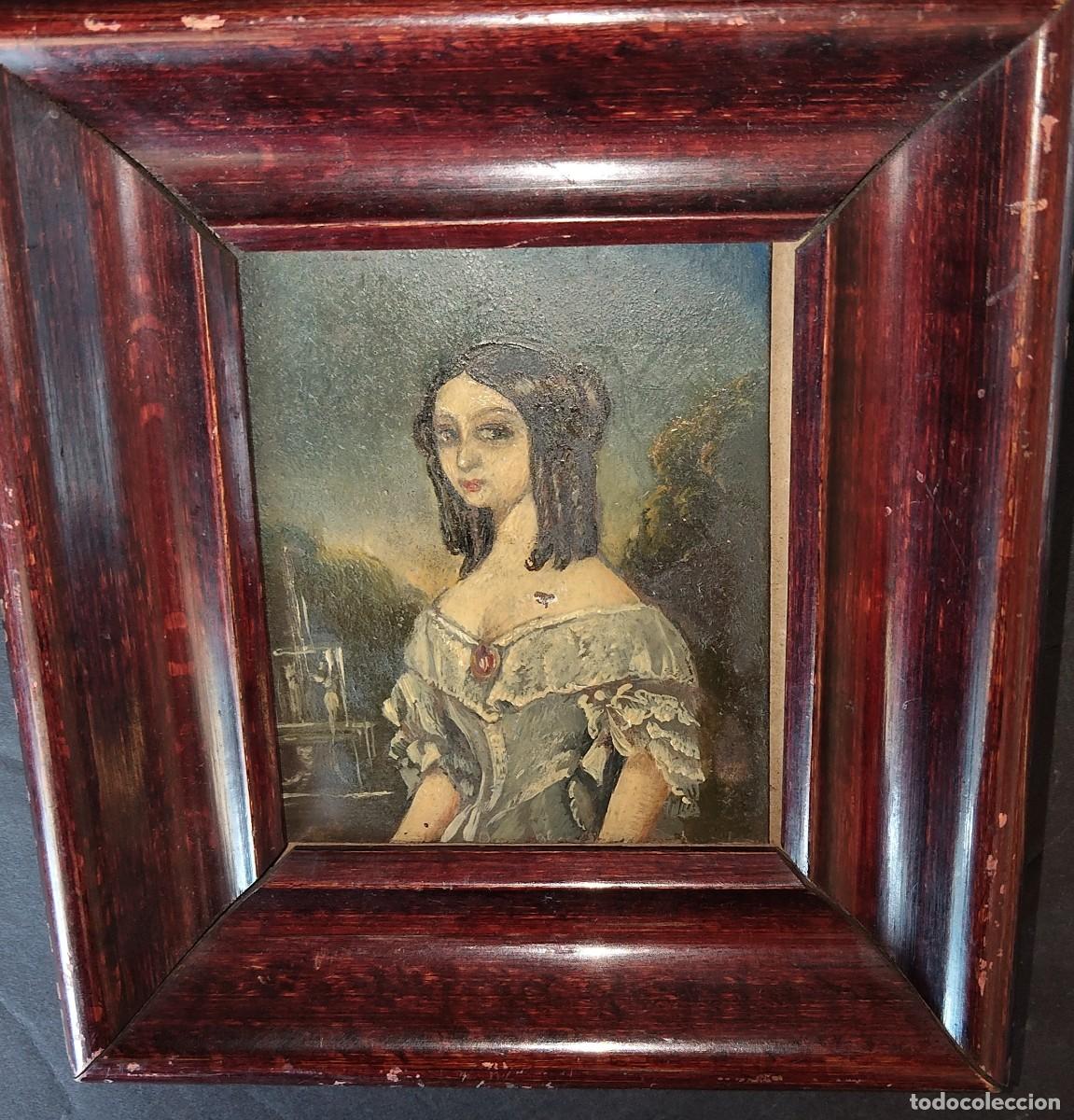 Antig&uuml;edades: Miniatura Retrato de dama &oacute;leo sobre chapa de metal