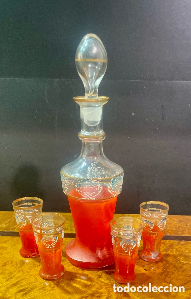 Antig&uuml;edades: Botella Pintada con Vasos - Foto 1