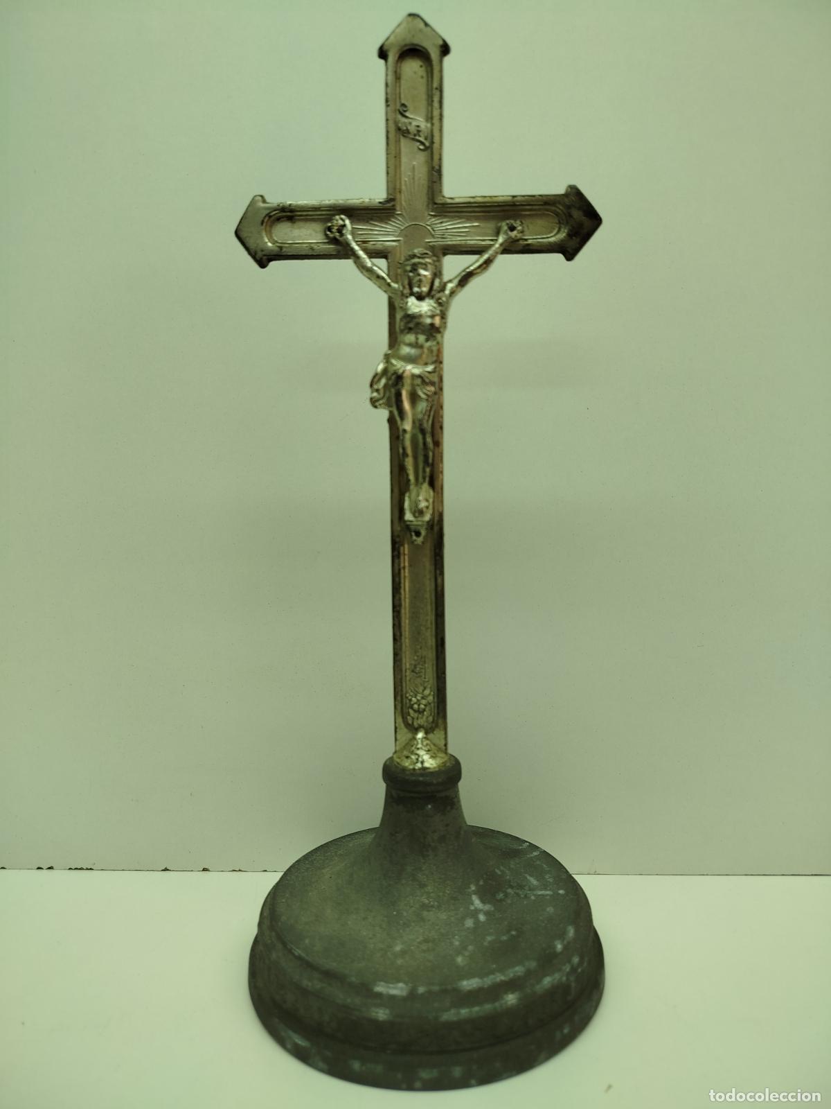 Antig&uuml;edades: ANTIGUO CRUCIFIJO DE MESA DE 29 CM. - CRUZ DE ESTA&Ntilde;O Y BASE DE CALAMINA