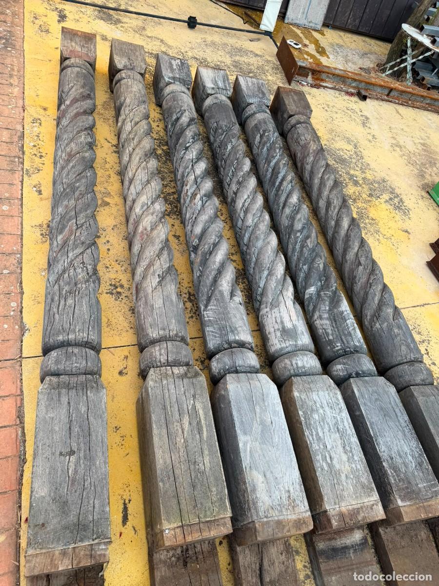 Antig&uuml;edades: 6 columnas salom&oacute;nicas talladas en madera, para porche o p&eacute;rgola.