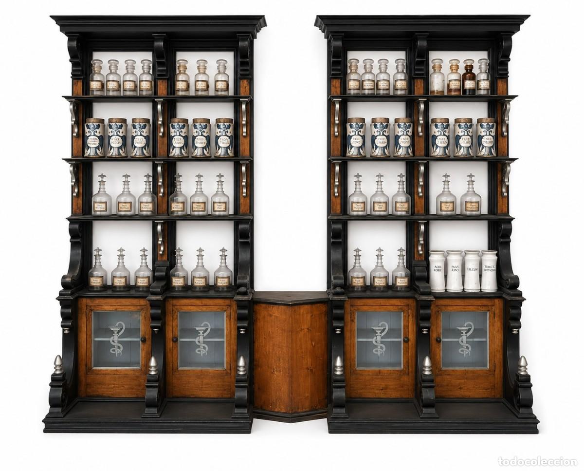 Antig&uuml;edades: Estanter&iacute;as de farmacia y mesa de boticario (principio s. XX)