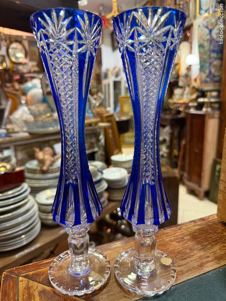 Antig&uuml;edades: PRECIOSA PAREJA DE VIOLETEROS EN CRISTAL DE BOHEMIA - MEDIDA 27 CM