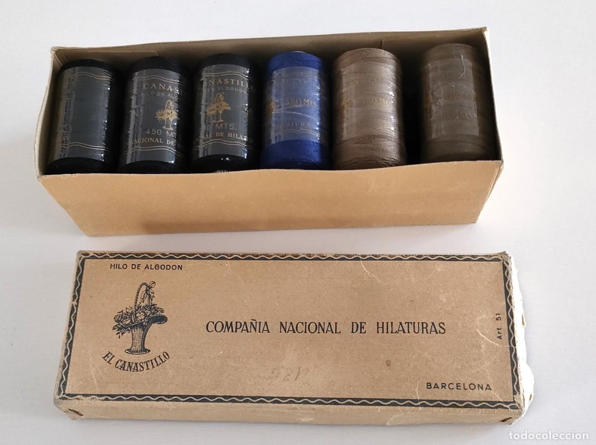 Antig&uuml;edades: Antigua caja con 12 bobinas de hilo de algod&oacute;n El Canastillo n&ordm;40. Compa&ntilde;&iacute;a Nacional de Hilaturas