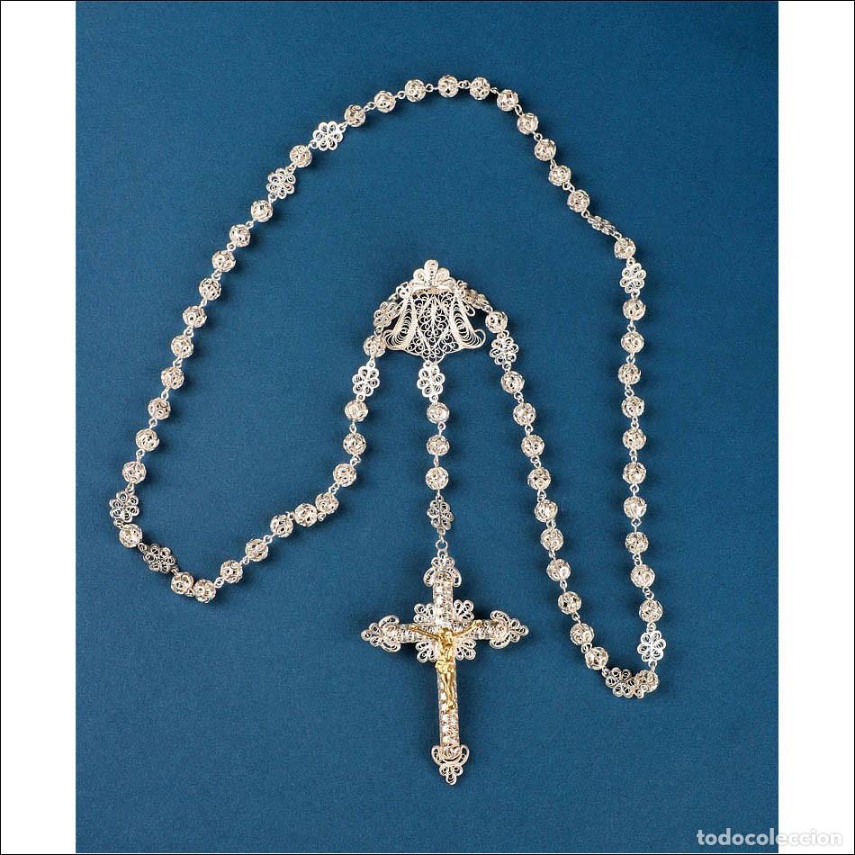 Antiques: Gran Rosario Antiguo en Filigrana de Plata con Cristo Dorado. Espa&ntilde;a, Circa 1900