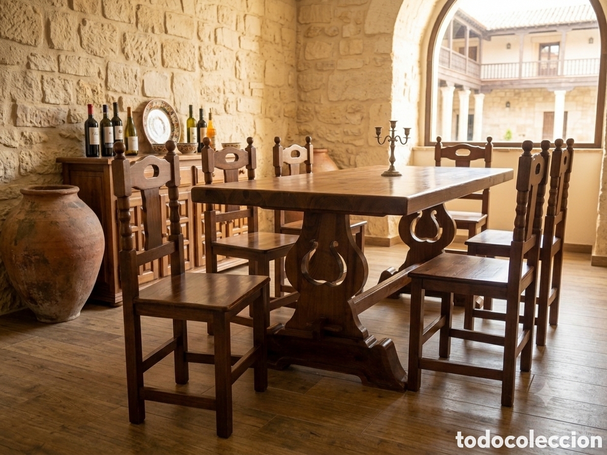 Antig&uuml;edades: Conjunto de mesa de 195 x 85 y 6 sillas - Foto 4