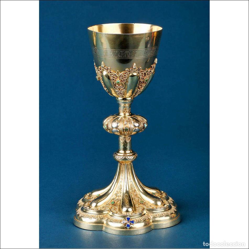 Antig&uuml;edades: Antiguo C&aacute;liz Franc&eacute;s de Plata Dorada con Turquesas Verdes. Francia, Siglo XIX