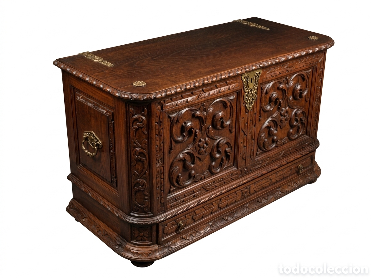 Antig&uuml;edades: ​Antiguo Ba&uacute;l / Arca de Madera Tallada - Estilo Renacimiento / Barroco con Caj&oacute;n Inferior