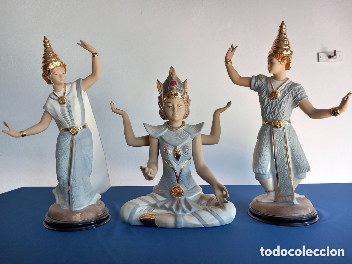 Antig&uuml;edades: Conjunto de 3 estatuas decorativas de inspiraci&oacute;n oriental