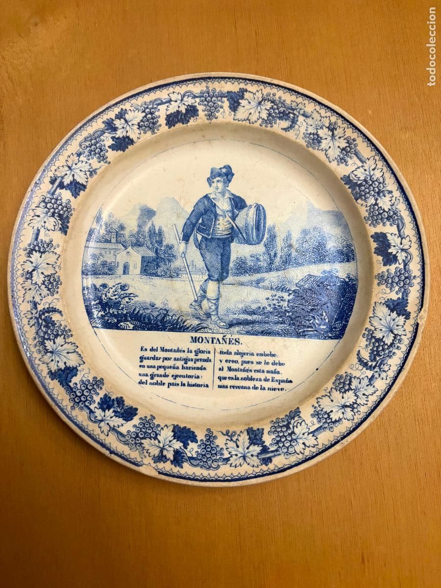 Antig&uuml;edades: El Monta&ntilde;&eacute;s, plato parlante de loza francesa de Creil estampada con tema espa&ntilde;ol