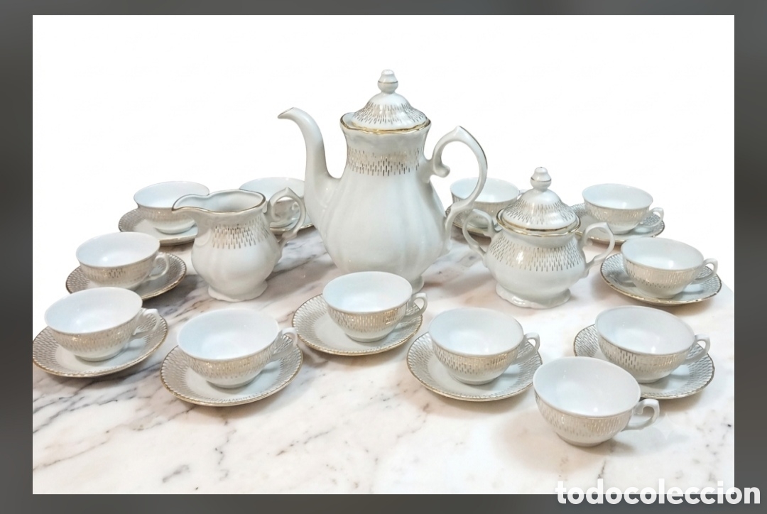 Antig&uuml;edades: Antiguo Juego de Caf&eacute; 27 Piezas Porcelana Santa Clara MAH Vigo. A&ntilde;os 50/60