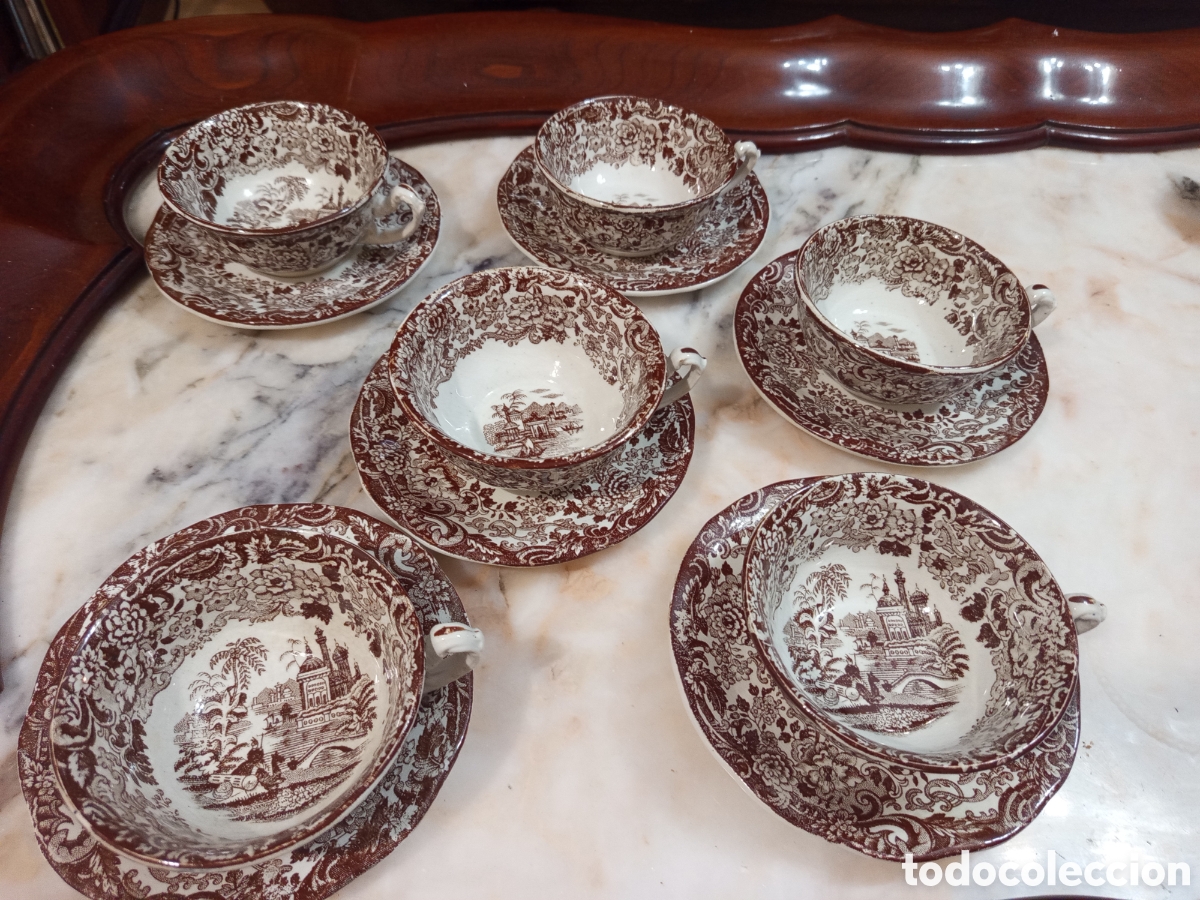 Antig&uuml;edades: Juego de 6 tazas y 6 platos La Cartuja de Sevilla - Vistas Marr&oacute;n
