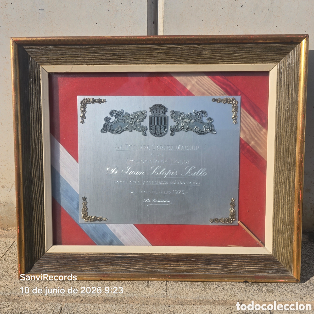 Antig&uuml;edades: CUADRO LA FOGUERA CARRER MACHOR A SU PRESIDENTE DE HONOR JUAN LLOPIS LILLO (SAN VICENTE DEL RASPEIG)