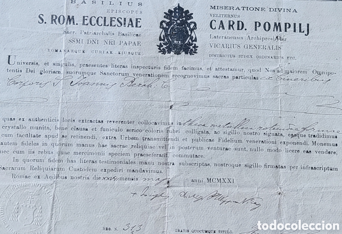 Antiguidades: Documento. Reliquia. Relicario. San Juan Berchmans (1599-1621). Certificado. Santa Sede. Episcopal.