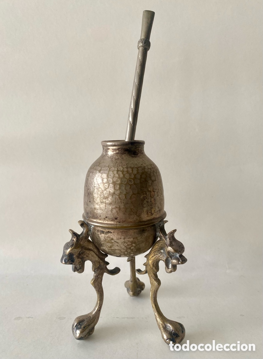 Antig&uuml;edades: Recipiente para mate metal plateado bombilla a juego para el servicio de la infusi&oacute;n