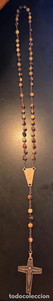 Antig&uuml;edades: Rosario Antiguo de Plata con Cuentas de Ojo de Tigre y Crucifijo &ndash; Recuerdo Religioso 20-V-67