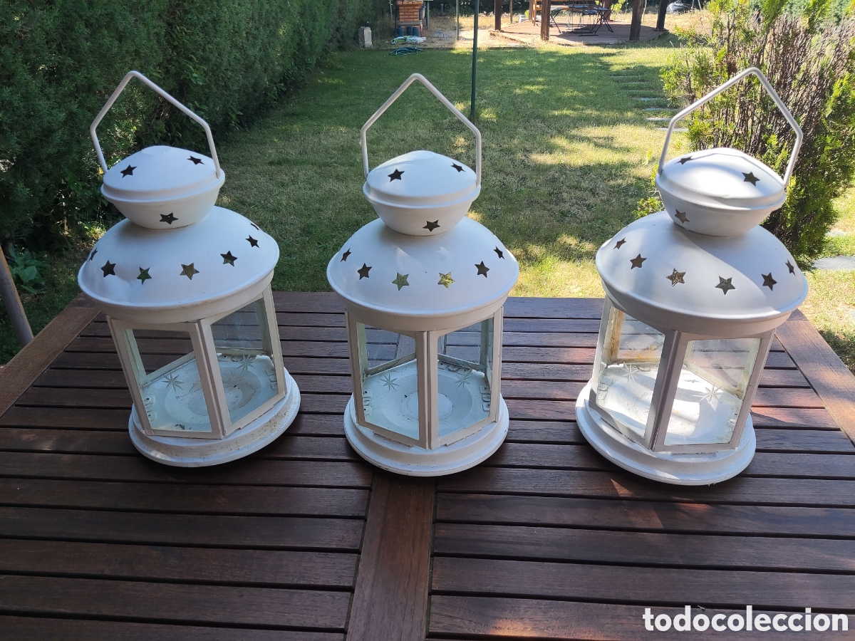 Antig&uuml;edades: 3 Faroles Blancos IKEA Estrellas 50cm. Conjunto de tres faroles decorativos de IKEA con un dise&ntilde;o de