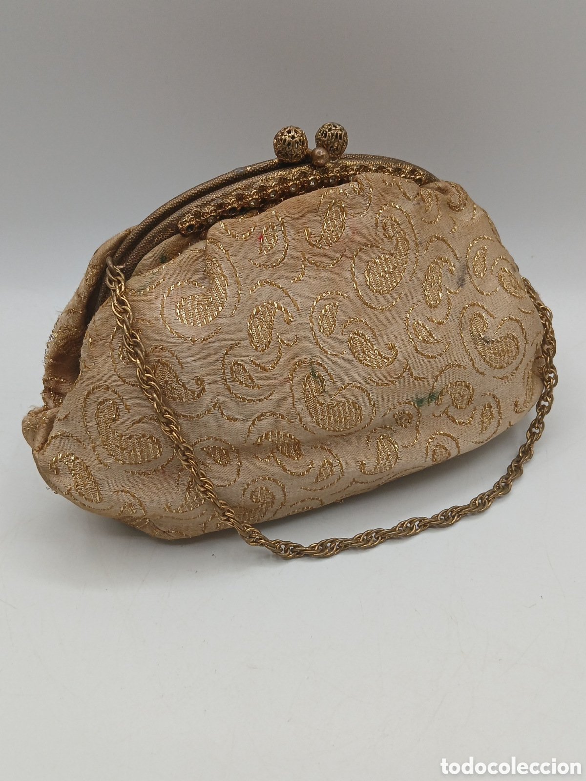 Antig&uuml;edades: Antiguo bolso de fiesta lat&oacute;n dorado seda bordado hilo de oro