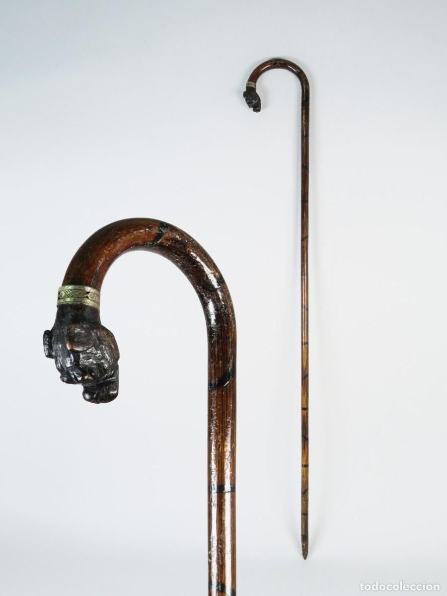 Antig&uuml;edades: Bast&oacute;n de madera con empu&ntilde;adura de bronce con cabeza de bulldog principios del siglo XX