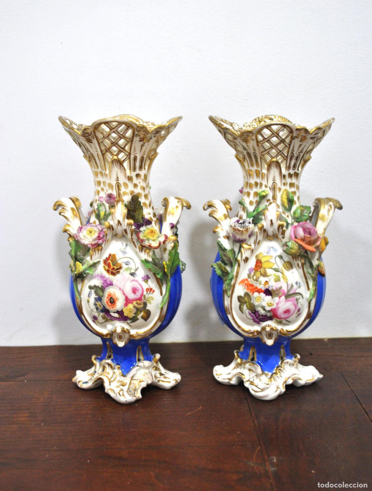 Antig&uuml;edades: Pareja jarrones porcelana Viejo Paris