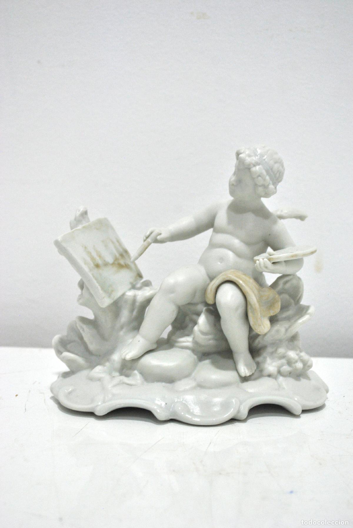 Antig&uuml;edades: Figura porcelana Biscuit querub&iacute;n pintor