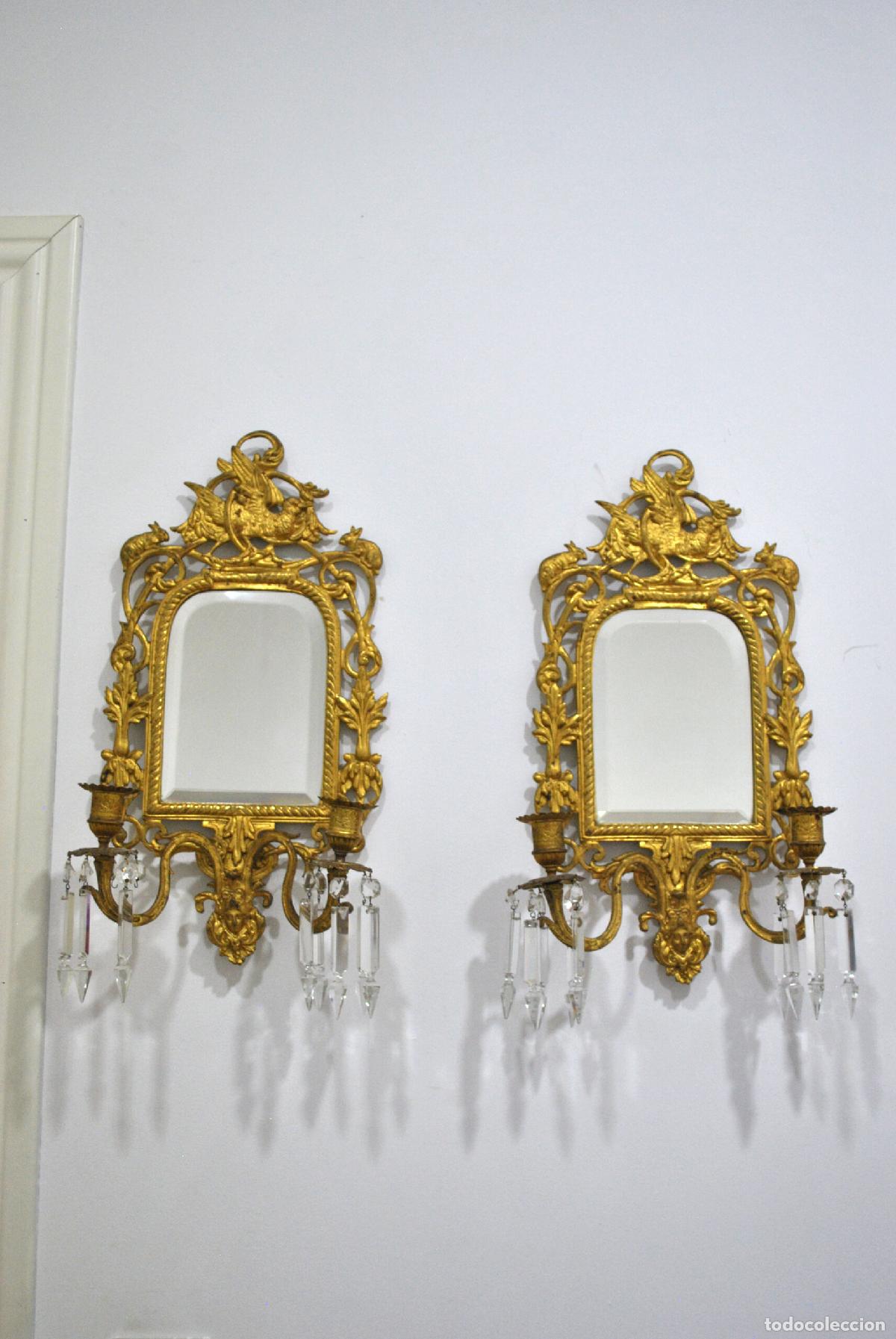 Antig&uuml;edades: Apliques pared bronce espejo y l&aacute;grimas cristal