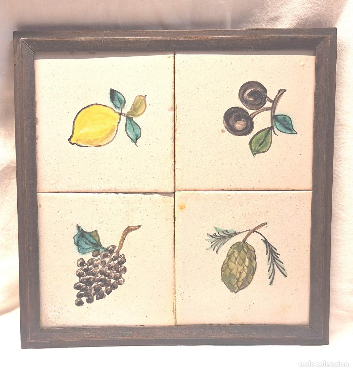 Antig&uuml;edades: Cuadro 4 Azulejos S XIX Serie Frutas Limon Uvas Cerezas Bellota