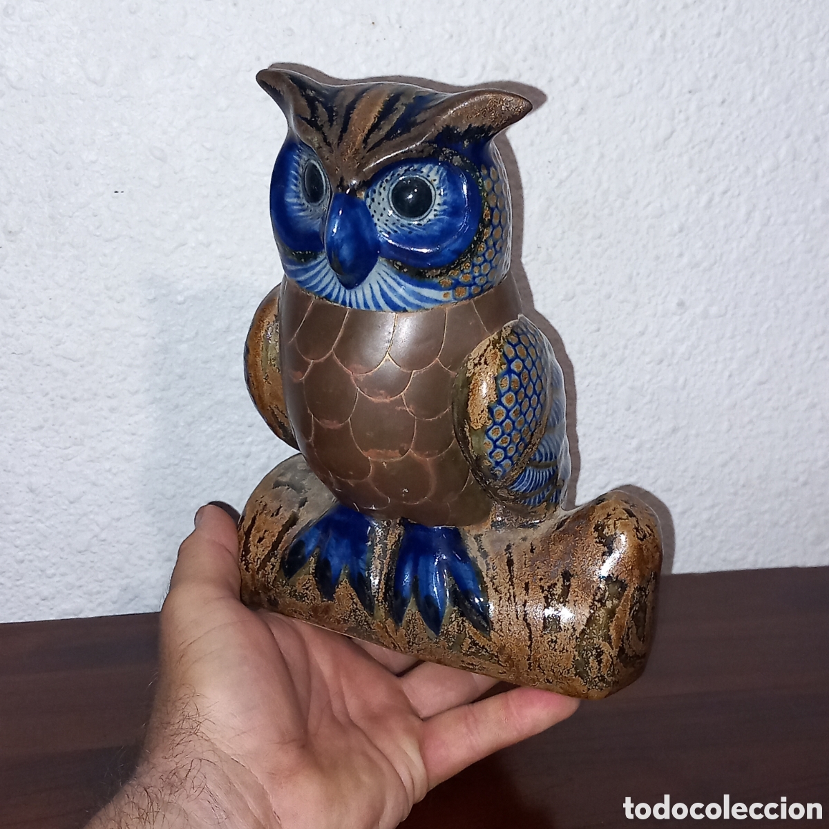 Antig&uuml;edades: ANTIGUO BUHO de CERAMICA VIDRIADA y LATON COBRIZO(excelente estado)