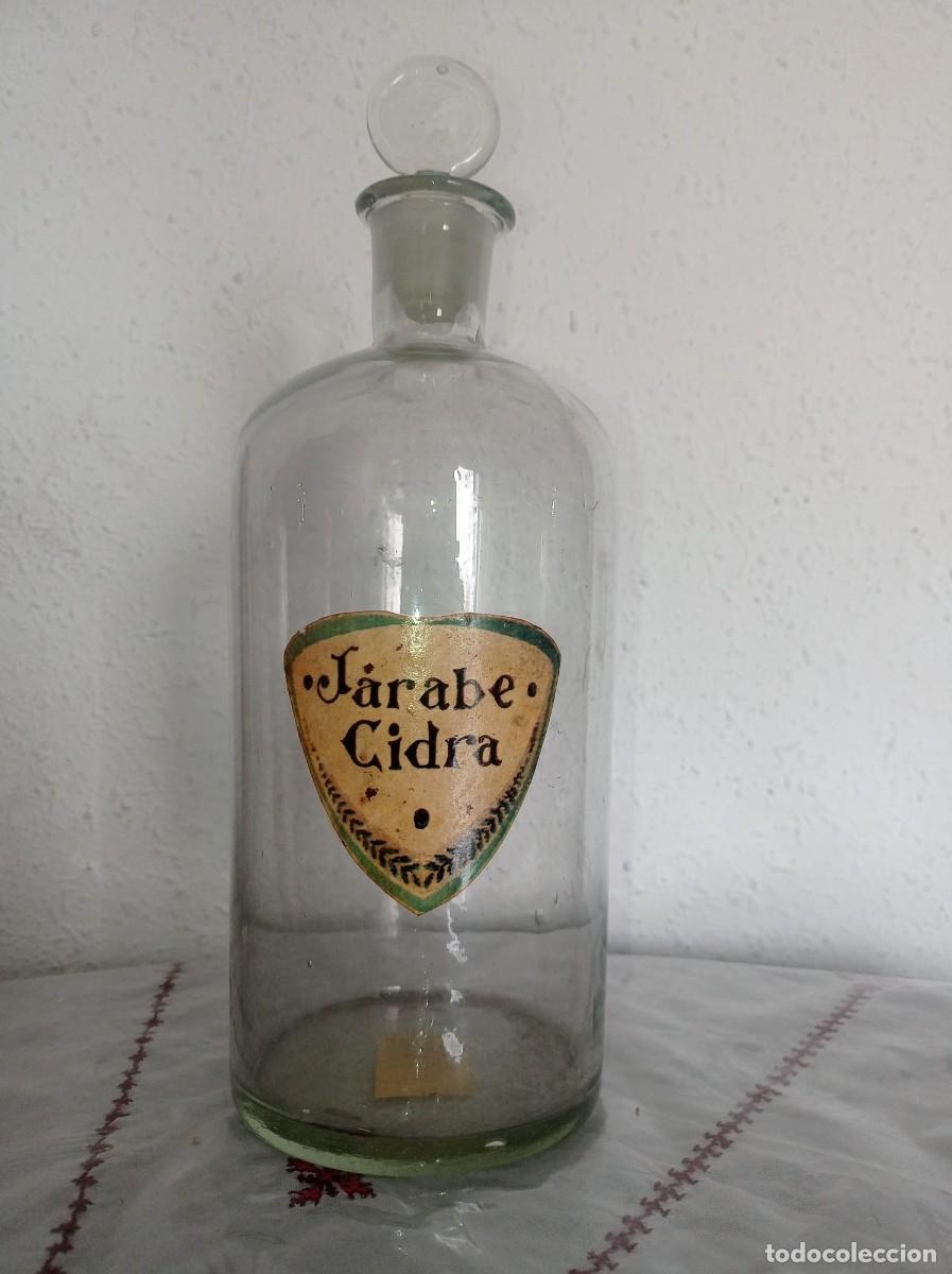 Antig&uuml;edades: Antiguo Frasco de Farmacia/Boticario&ndash;Vidrio Soplado y Etiqueta Jarabe de Cidra