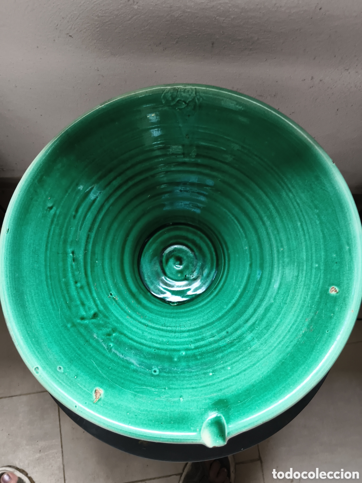 Antiques: Gran lebrillo cer&aacute;mica vidriada verde decoraci&oacute;n rustica pared Nijar Almeria, Biar, Triana ??